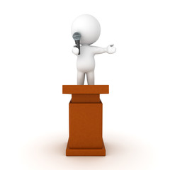 3D Character standing on top of a lectern and speaking on microphone