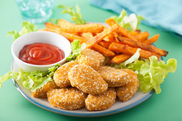vegan soy nuggets and sweet potato fries healthy meal