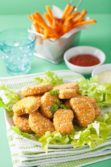 vegan soy nuggets and sweet potato fries healthy meal