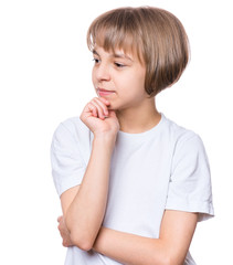Casual thinking girl - caucasian female model. Close-up emotional portrait of child. Thoughtful kid in white t-shirt, isolated on white background. Beautiful smart serious ponder children.