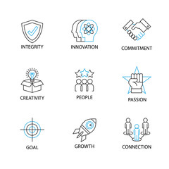 Modern Thin Line Icon or Pictogram with word integrity,innovation,commitment,creativity,people,passion,goal,growth,connection. Business Core Value Concept.