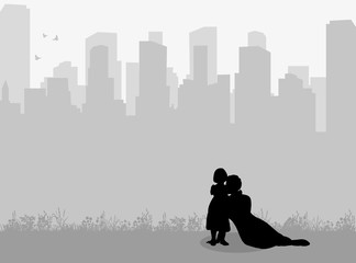 Vector, isolated, silhouette of mum and baby stand on city background