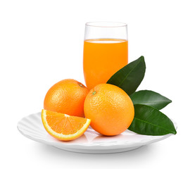Orange juice and orange fruit in white plate on white background