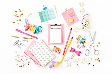 School supplies.  Flat lay, top view trendy back to school concept.