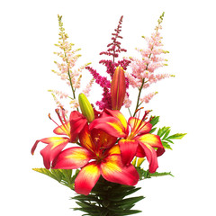 Flowers of lily and astilbe in a bouquet isolated on white background. Flat lay, top view