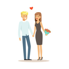Happy couple in love standing and holding hands, romantic date colorful characters vector Illustration