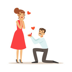 Elegant man proposing marriage to beautiful woman getting up on his knee colorful characters vector Illustration