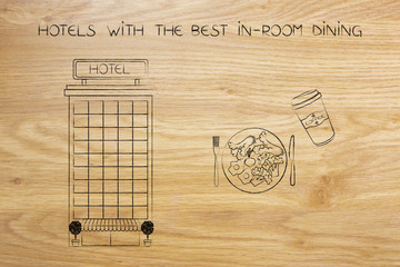 accomodation building with recipe plates and coffee icons next to it