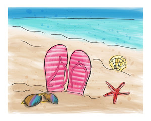 Summer flip flops in the sand on the beach.