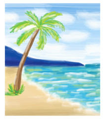 Fototapeta na wymiar Palm tree at the sea coast and the sea.