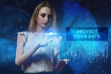 The concept of business, technology, the Internet and the network. A young entrepreneur working on a virtual screen of the future and sees the inscription: Protect your data