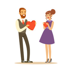 Happy elegant couple in love giving red hearts to each other, romantic date colorful characters vector Illustration
