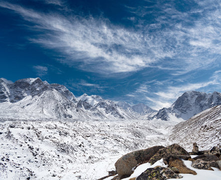 Khumbu glacier and Himalaya mountain landscape in Everest Region, Nepal