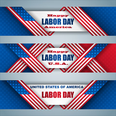 Set of web banners with texts and national flag colors for American Labor day, celebration event; Vector illustration 