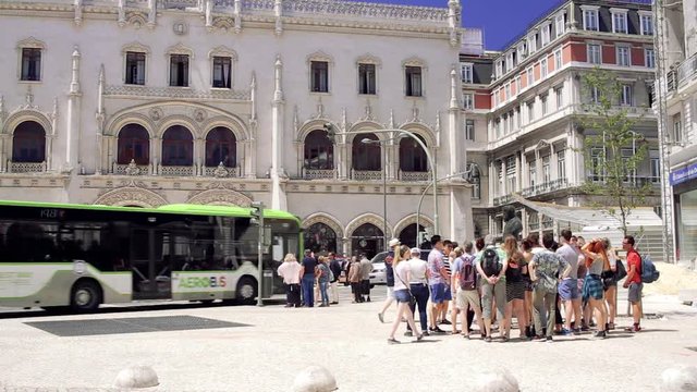 group of tourists close to Rossio railway station,  LISBON / PORTUGAL, JUNE 16, 2017