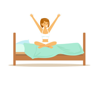 Smiling woman character waking up beginning a good day vector Illustration