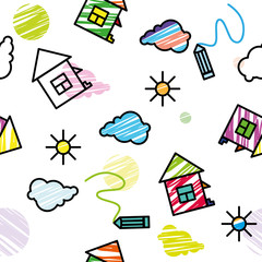 Vector seamless children's colored pattern drawing houses clouds sun