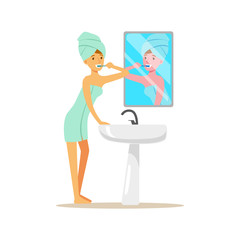 Beautiful woman character with towel on her head brushing teeth in a bathroom after bedtime vector Illustration