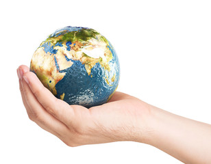 Planet earth on palm. Elements of this image furnished by NASA. 3D illustration.