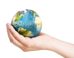 Planet earth on palm. Elements of this image furnished by NASA. 3D illustration.