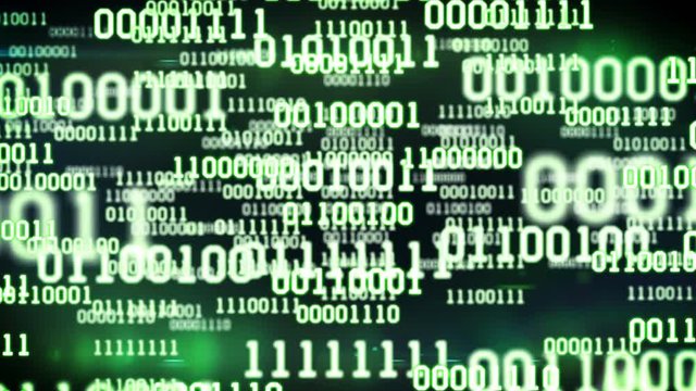 Abstract binary code screen listing table on green background.