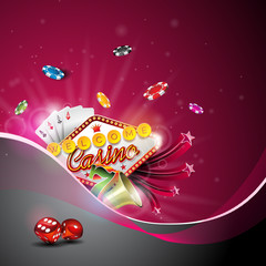 Vector illustration on a casino theme with color playing chips and poker cards on dark background. 