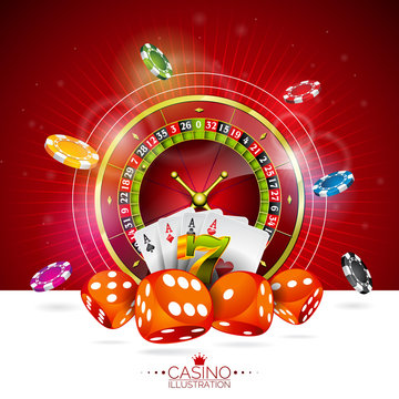 Vector illustration on a casino theme with color playing chips and poker cards on dark background. 