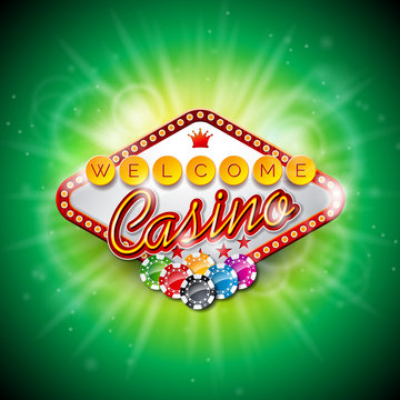 Vector illustration on a casino theme with color playing chips and poker cards on dark background. 