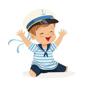 Cute smiling little boy character wearing a sailors costume sitting on the floor colorful vector Illustration