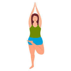 Plus size young women in half lotus asana. Line yoga illustration. Body love lifestyle healthcare illustration.