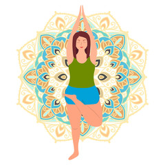 Plus size young women in half lotus asana. Line yoga illustration. Body love lifestyle healthcare illustration.