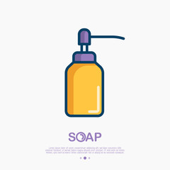 Dispenser for gel or foam soap thin line icon. Bottle with pump. Modern vector illustration of bathroom equipment.