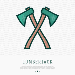Two axes with wooden handles are crossed thin line icon. Vector illustration for lumberjack or sawmill logo.