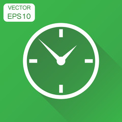 Clock icon. Business concept timer pictogram. Vector illustration on green background with long shadow.