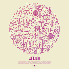 Wine bar concept in circle for restaurant menu of natural alcohol drinks. Vector illustration with thin line icons related with wine making and winery.
