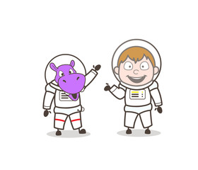 Cartoon Male and Animal Cosmonaut Characters Vector