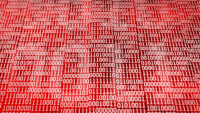 binary code screen listing table on Red background.