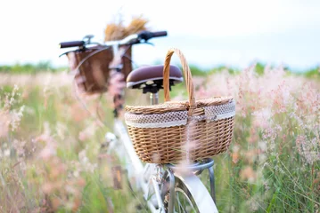 Foto op Plexiglas Bicycle retro with basket picnic and guitar of flowers in meadow.  Travel Concept. select and soft focus © freebird7977