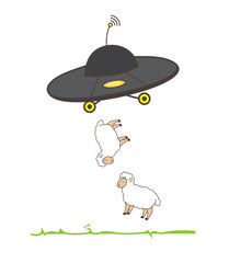 UFO Pulling Sheeps to Inside Vector Illustration