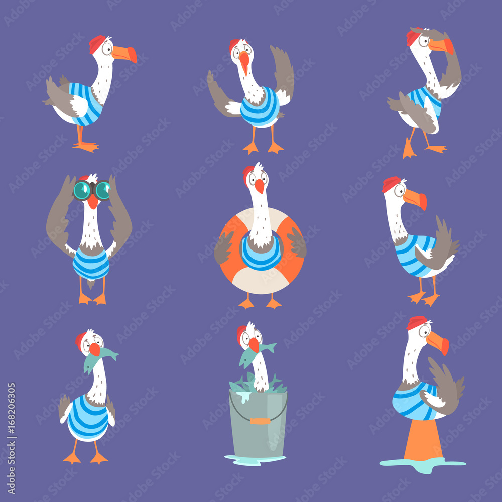 Poster funny cartoon seagull showing different actions and emotions set, cute comic bird characters