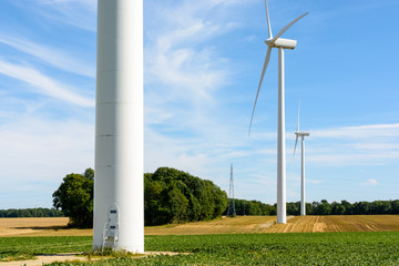 Three wind turbines aligned amid the fields generate renewable electricity from the energy of the wind.