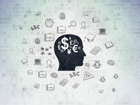 Education concept: Head With Finance Symbol on Digital Data Paper background