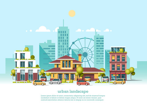 City landscape. Modern architecture 3d style. Modern architecture, ferris wheel, cars, skyscrapers.