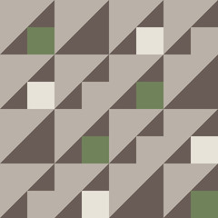 Seamless pattern in gray, brown, white, green colors. Geometrical forms: triangle, square, rectangle. Vector illustration.