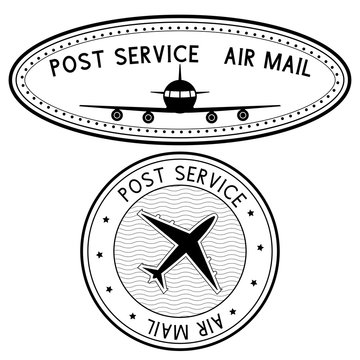 Post service air mail stamp with airplane black icons