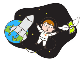 Cartoon Astronaut Trying to Catch Money in Space Vector Illustration