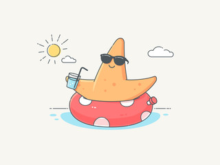 Happy starfish with sunglasses enjoying summer vacation on the sea