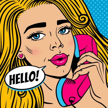 Pop art female face. Closeup of sexy young blonde woman with open mouth holding old phone handset and Hello! speech bubble. Vector bright illustration in pop art retro comic style.