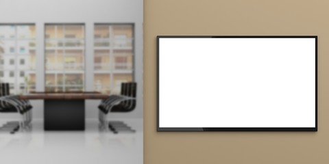 TV monitor on a wall - meeting room background. 3d illustration