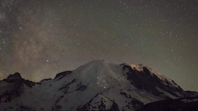 Climber hike Mount Rainier at night under the Milky Way Galaxy